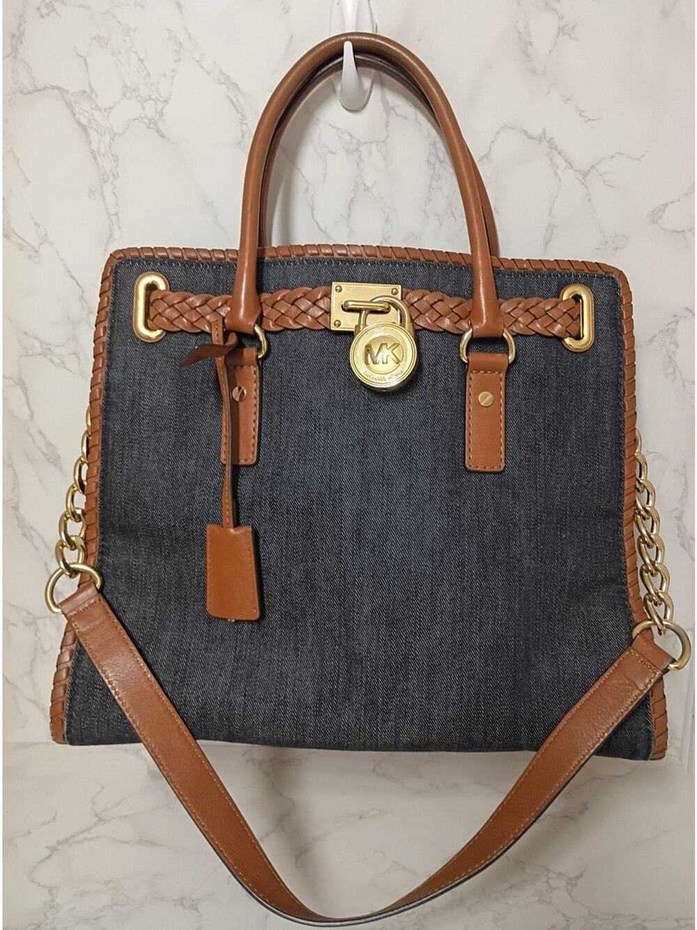 MICHAEL KORS Hamilton Denim Satchel w/ Whipstitch Trim & Padlock - EUC